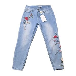 Sandpiper Women's Ankle Jeans Mid Rise Soft Denim Floral Embroidery Design 14W